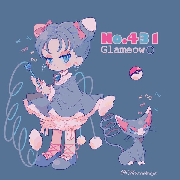 Anime picture 1923x1923 with pokemon nintendo glameow mameeekueya single looking at viewer highres short hair blue eyes simple background standing signed full body grey hair grey background hair bun (hair buns) character names twitter username personification blush stickers