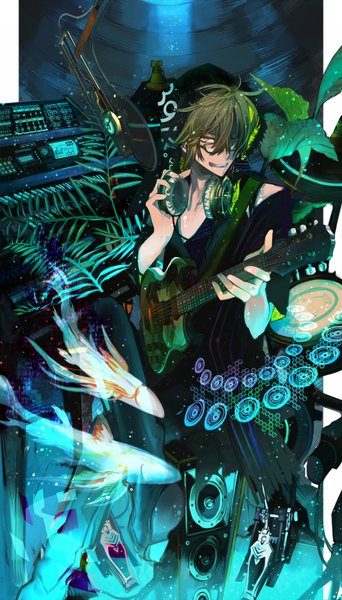 Anime picture 2000x3500 with ukai saki tall image highres brown hair absurdres music dj boy hair ornament plant (plants) glasses headphones hairclip hood leaf (leaves) bubble (bubbles) fish (fishes) musical instrument guitar electric guitar