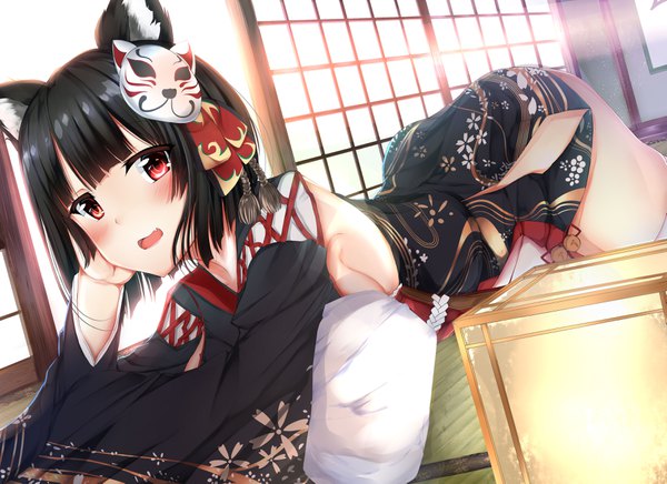 Anime picture 3541x2577 with azur lane yamashiro (azur lane) hiragi ringo single looking at viewer blush fringe highres short hair open mouth light erotic black hair red eyes animal ears absurdres indoors lying blunt bangs traditional clothes :d