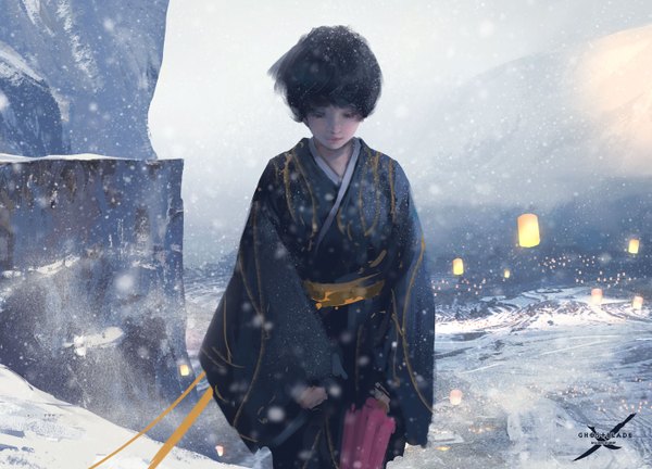 Anime picture 1400x1008 with ghost blade jade (ghost blade) wlop single short hair open mouth standing eyes closed traditional clothes japanese clothes wind lips blurry copyright name snowing winter snow rock girl kimono