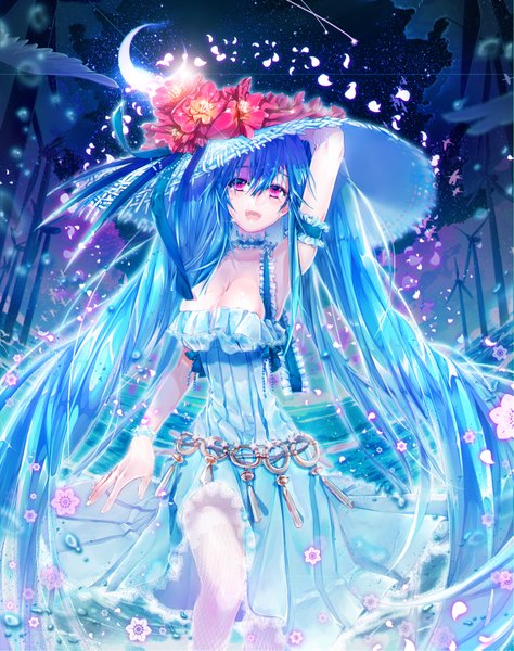 Anime picture 1217x1539 with original noa (artist) single tall image looking at viewer open mouth red eyes blue hair very long hair girl dress flower (flowers) hat petals frills wind turbine