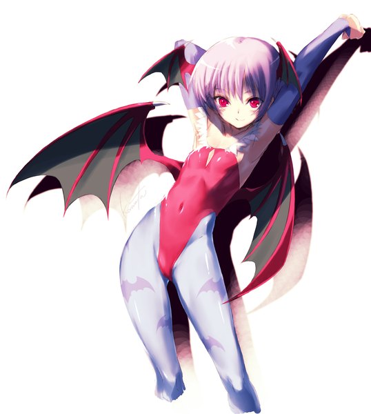 Anime picture 1200x1336 with vampire / darkstalkers (game) lilith aensland kawata hisashi tall image short hair light erotic simple background red eyes white background purple hair light smile armpit (armpits) flat chest demon girl head wings girl gloves wings elbow gloves
