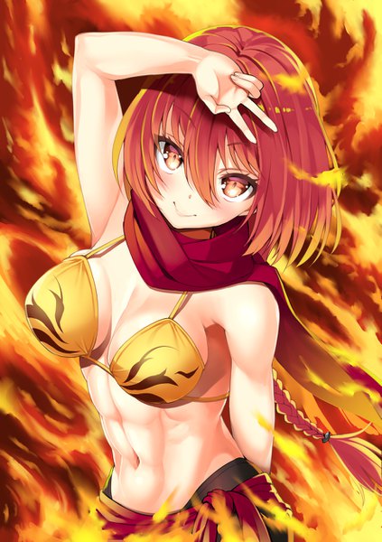 Anime picture 885x1254 with original murata taichi single long hair tall image looking at viewer blush fringe breasts light erotic smile large breasts red hair braid (braids) head tilt multicolored hair arm up orange eyes single braid hand on head