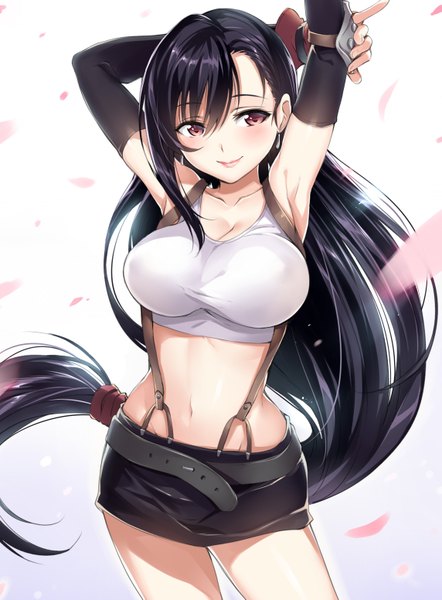 Anime picture 1144x1551 with final fantasy final fantasy vii square enix tifa lockhart senri gan single tall image breasts light erotic black hair simple background smile large breasts white background brown eyes looking away very long hair bare belly midriff arm behind head