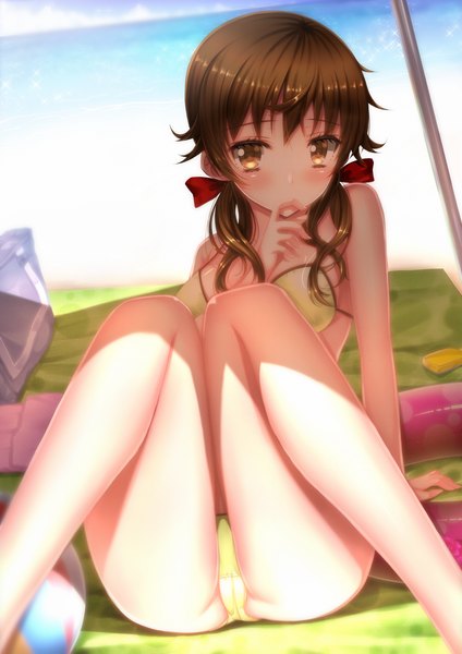 Anime picture 1116x1579 with guilty crown production i.g menjou hare swordsouls single long hair tall image looking at viewer blush light erotic brown hair sitting bare shoulders yellow eyes arm support legs beach finger to mouth cameltoe girl