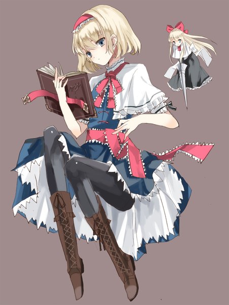 Anime picture 2800x3724 with touhou alice margatroid shanghai cierra (ra-bit) long hair tall image highres short hair blue eyes simple background blonde hair grey background lacing girl dress bow ribbon (ribbons) weapon hair bow hair ribbon