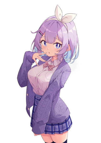Anime picture 4961x7016 with virtual youtuber nijisanji nijisanji kr nun bora quarterlift single tall image fringe highres short hair simple background standing white background purple eyes absurdres purple hair pleated skirt multicolored hair from above finger to mouth