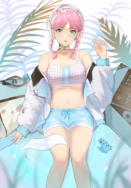 Anime picture 799x1143 with arknights blue poison (arknights) blue poison (shoal beat) (arknights) ufoliving single long hair tall image looking at viewer blue eyes sitting pink hair braid (braids) nail polish open jacket midriff twin braids official alternate costume pink nail polish girl navel