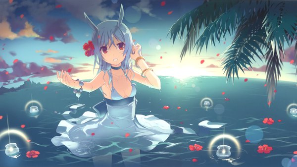 Anime picture 1920x1080 with dj max suee yuuki tatsuya single long hair looking at viewer highres red eyes wide image bare shoulders animal ears blue hair cloud (clouds) hair flower evening sunset horizon girl hair ornament flower (flowers)