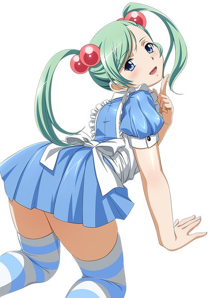 Anime picture 600x831 with ikkitousen shokatsuryou koumei single long hair tall image blush open mouth blue eyes light erotic simple background white background twintails looking back green hair loli girl thighhighs dress striped thighhighs hair tie