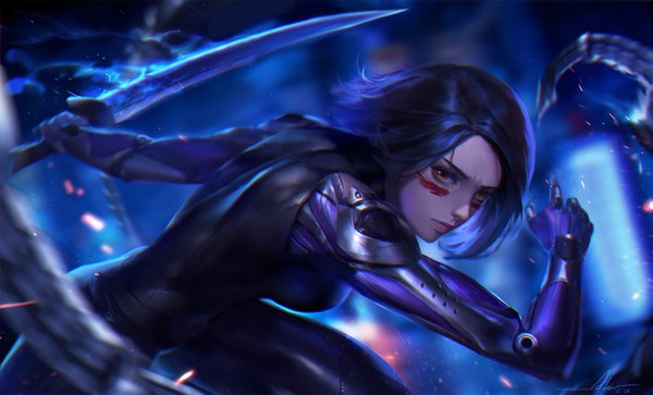 Anime picture 3245x1966 with battle angel alita gally alov single looking at viewer highres short hair black hair wide image orange eyes face paint girl weapon sword android