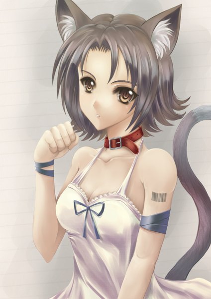 Anime picture 2480x3507 with original sawwei005 single tall image looking at viewer highres short hair black hair brown eyes animal ears tail animal tail cat ears cat girl cat tail girl dress barcode