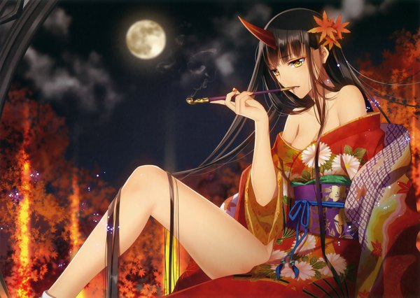 Anime picture 6596x4686 with original murakami yuichi single looking at viewer highres light erotic black hair bare shoulders yellow eyes absurdres very long hair traditional clothes japanese clothes horn (horns) scan off shoulder night oni horns smoking girl