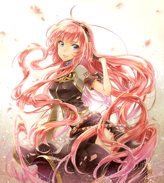 Anime picture 1192x1327 with vocaloid megurine luka tamaru (pixiv) single long hair tall image fringe blue eyes smile standing bare shoulders pink hair wind tattoo shiny girl skirt gloves petals belt
