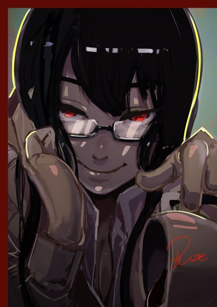 Anime picture 1000x1417 with tokyo ghoul studio pierrot kamishiro rize sui ishida single long hair tall image looking at viewer highres breasts black hair smile red eyes signed looking away hand on face girl shirt glasses mug