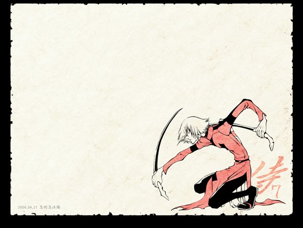 Anime picture 1024x770 with samurai 7 gonzo kyuzo single white background white hair profile border boy weapon