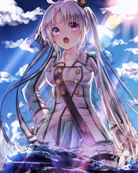 Anime picture 2000x2500 with kantai collection akitsushima seaplane tender aishan (aaaishan) single long hair tall image blush fringe highres breasts light erotic standing purple eyes twintails sky purple hair cloud (clouds) ahoge pleated skirt sunlight