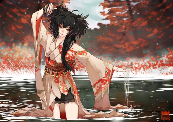 Anime picture 950x672 with real life houtou singi ian olympia single long hair looking at viewer blush fringe black hair brown eyes traditional clothes japanese clothes horn (horns) lips wide sleeves girl plant (plants) earrings tree (trees) water