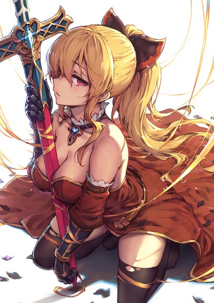 Anime picture 778x1100 with granblue fantasy vira lilie haoni single long hair tall image looking at viewer blush fringe breasts light erotic simple background blonde hair red eyes large breasts white background bare shoulders cleavage parted lips hair over one eye