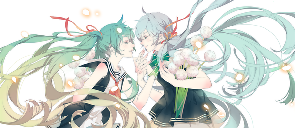 Anime picture 1800x784 with vocaloid hatsune miku guu (artist) fringe highres open mouth simple background smile wide image white background twintails eyes closed very long hair profile multicolored hair light smile aqua hair alternate costume holding hands gradient hair