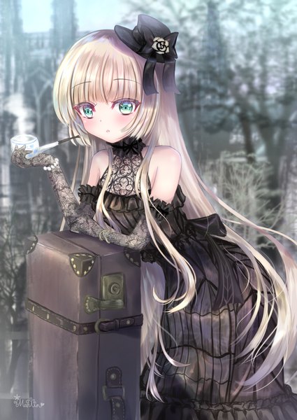 Anime picture 2508x3541 with gosick studio bones victorique de blois martinreaction single tall image looking at viewer blush fringe highres open mouth blonde hair standing bare shoulders holding green eyes outdoors blunt bangs very long hair blurry