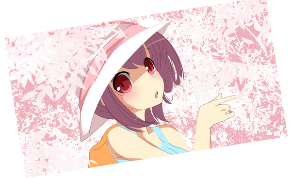 Anime picture 1402x859 with rinine single looking at viewer blush short hair red eyes wide image dark hair girl dress hat backpack