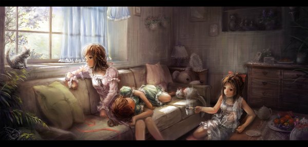 Anime picture 1300x624 with original miyai haruki short hair brown hair wide image multiple girls brown eyes black eyes girl dress bow plant (plants) hair bow window 3 girls cat couch teddy bear room