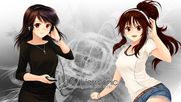 Anime picture 2560x1440 with original yo-chaosangel long hair looking at viewer blush highres open mouth red eyes brown hair wide image multiple girls ponytail girl 2 girls shorts headphones key iphone