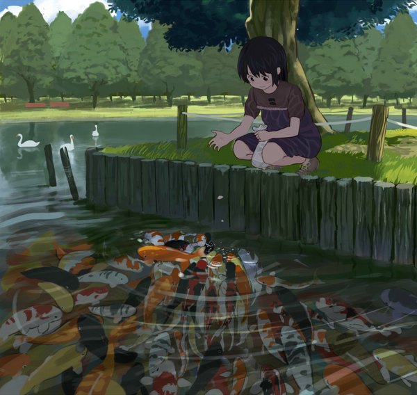 Anime picture 1000x947 with original yoshii (pixiv) single fringe short hair black hair sky cloud (clouds) black eyes lake feeding girl dress plant (plants) animal tree (trees) water food shoes bird (birds)