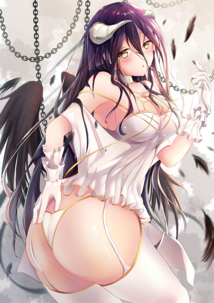 Anime-Bild 1191x1684 mit overlord (maruyama) madhouse albedo (overlord) nue (pixiv10581898) single long hair tall image looking at viewer blush fringe breasts light erotic simple background hair between eyes large breasts standing bare shoulders yellow eyes cleavage purple hair
