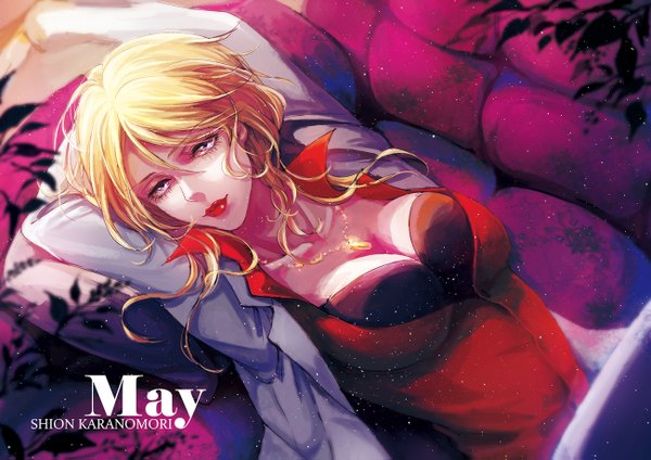 Anime picture 1300x919 with psycho-pass production i.g shion karanomori kino666 single long hair breasts light erotic blonde hair cleavage lips inscription silver eyes girl pendant labcoat