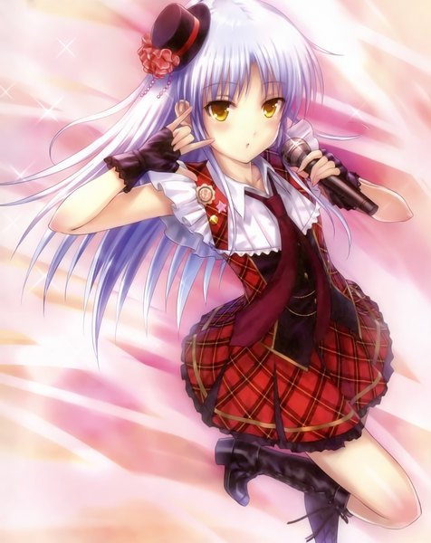 Anime picture 2082x2621 with angel beats! key (studio) tachibana kanade goto p single long hair tall image blush highres yellow eyes white hair scan official art girl dress gloves hat boots fingerless gloves microphone