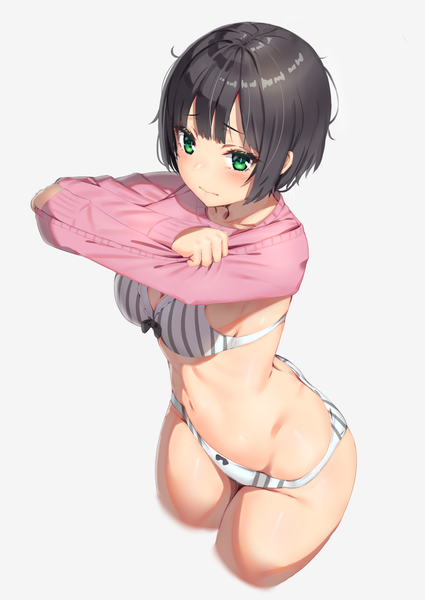 Anime picture 1062x1500 with original reinama single tall image looking at viewer blush fringe short hair breasts light erotic black hair simple background white background green eyes bare belly thighs undressing girl navel swimsuit