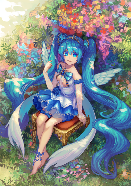 Anime picture 1457x2064 with vocaloid hatsune miku raymond busujima single tall image looking at viewer fringe breasts open mouth blue eyes light erotic smile hair between eyes sitting twintails bare shoulders payot blue hair full body outdoors