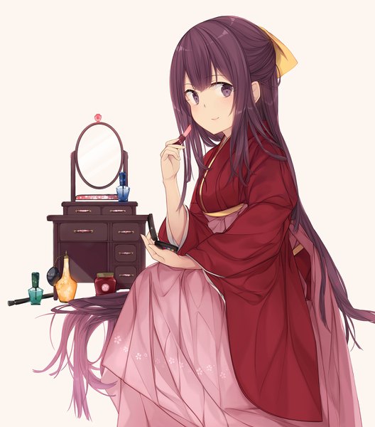 Anime picture 1232x1400 with kantai collection kamikaze destroyer malachite (artist) single tall image simple background sitting purple eyes purple hair very long hair traditional clothes japanese clothes light smile half updo meiji schoolgirl uniform girl bow hair bow mirror hakama