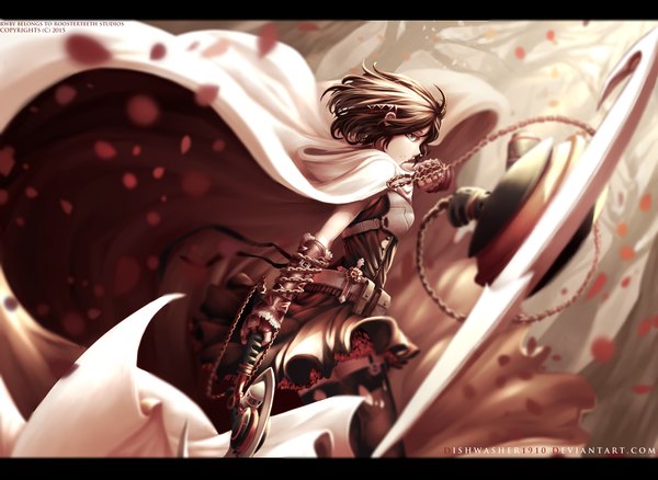 Anime picture 3000x2190 with rwby rooster teeth ruby rose dishwasher1910 single fringe highres short hair open mouth hair between eyes brown hair signed profile grey eyes copyright name watermark letterboxed silver eyes running girl