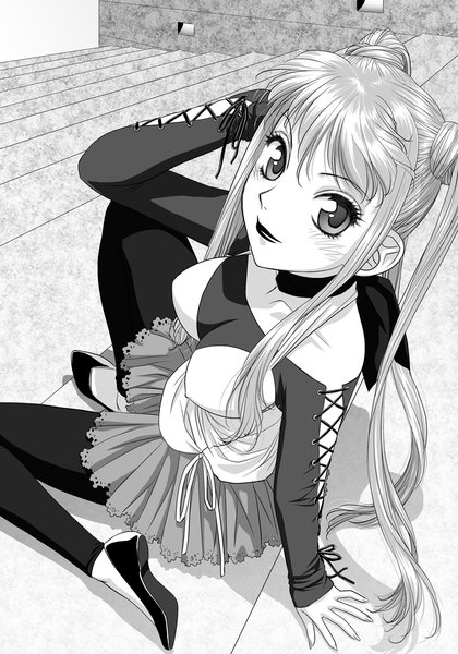Anime picture 841x1200 with original toshiki yui single long hair tall image looking at viewer blush twintails light smile grey hair grey eyes monochrome girl dress