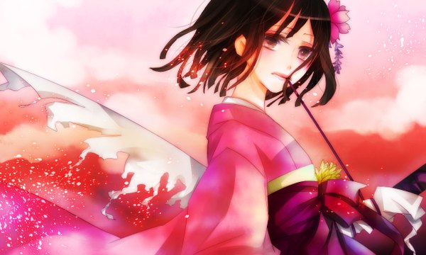 Anime picture 1280x768 with original mizuyu single blush short hair black hair wide image japanese clothes hair flower black eyes sad girl hair ornament flower (flowers) kimono