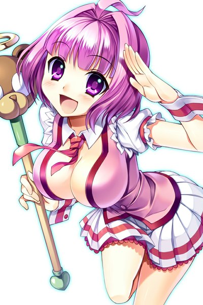 Anime picture 667x1000 with original bucchake (asami) tall image looking at viewer blush short hair breasts open mouth light erotic simple background large breasts white background purple eyes cleavage purple hair girl dress staff
