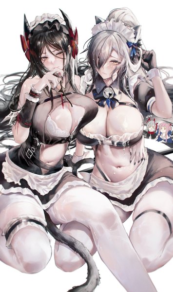 Anime picture 2154x3645 with arknights w (arknights) schwarz (arknights) ceylon (arknights) ines (arknights) solfi0211 long hair tall image fringe highres breasts light erotic black hair hair between eyes large breasts sitting multiple girls animal ears yellow eyes cleavage