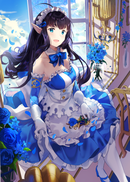 Anime picture 630x880 with king's raid mirianne (king's raid) cherim single long hair tall image blush fringe breasts open mouth blue eyes light erotic black hair smile hair between eyes sitting bare shoulders sky cleavage cloud (clouds)