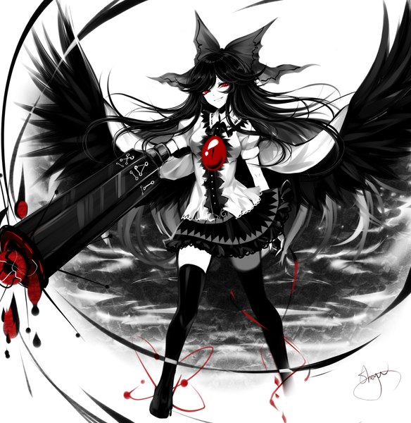 Anime-Bild 3700x3800 mit touhou reiuji utsuho sheya single long hair tall image looking at viewer highres black hair smile red eyes white background signed absurdres grin black wings polychromatic arm cannon girl thighhighs