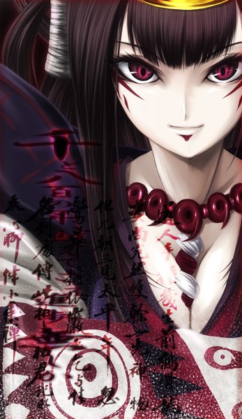 Anime picture 932x1612 with beatmania himiko (beatmania) futami kito single long hair tall image looking at viewer black hair red eyes girl dress hair ornament