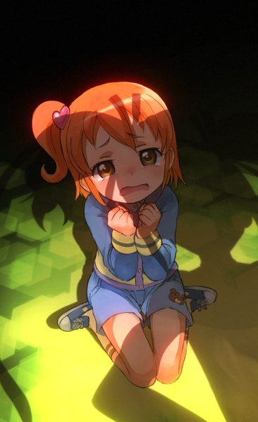 Anime picture 1100x1800 with pretty rhythm pretty rhythm aurora dream pretty (series) amamiya rizumu nyama single tall image blush short hair open mouth ponytail orange hair shadow orange eyes loli tears side ponytail crying girl shorts