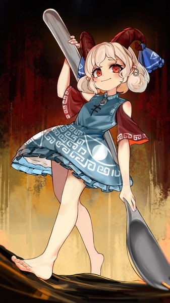 Anime picture 2160x3840 with touhou toutetsu yuuma kourou (kouroukun) single tall image looking at viewer highres short hair smile red eyes bare shoulders full body white hair barefoot horn (horns) pointy ears bare legs loli girl dress