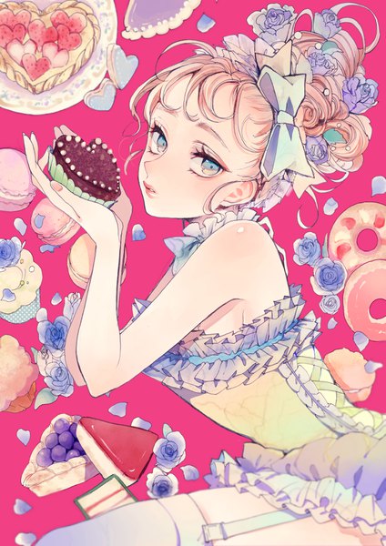 Anime picture 2481x3508 with original remon (10112) single tall image looking at viewer highres short hair blue eyes bare shoulders holding pink hair nail polish hair flower lips pink nail polish girl thighhighs flower (flowers) bow hair bow