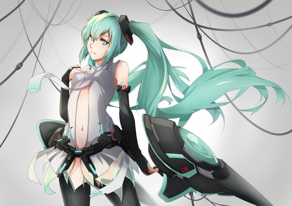 Anime picture 1260x891 with vocaloid vocaloid append hatsune miku hatsune miku (append) ello-chan single light erotic twintails bare shoulders very long hair aqua eyes aqua hair girl navel hair ornament detached sleeves necktie