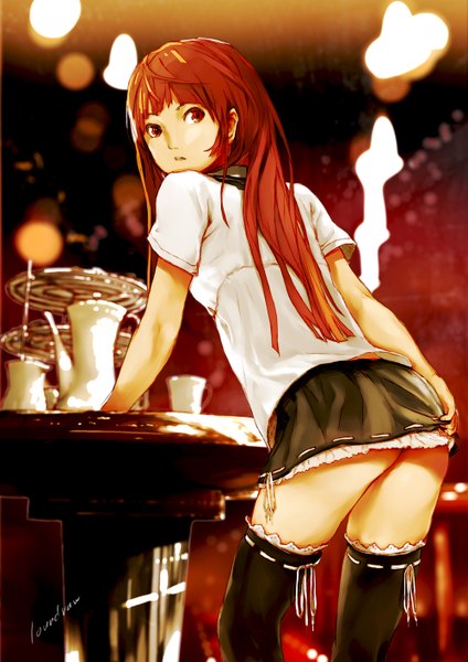 Anime picture 1000x1414 with original loundraw single long hair tall image fringe open mouth light erotic red eyes standing signed red hair looking back from behind teeth girl thighhighs skirt miniskirt table