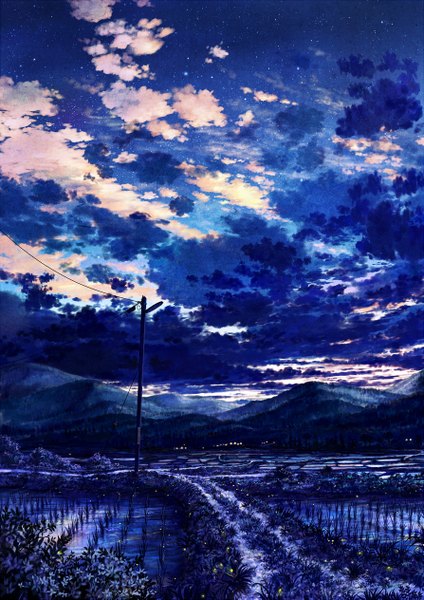 Anime picture 893x1263 with original cola (pixiv) tall image sky cloud (clouds) night mountain no people landscape scenic plant (plants) water power lines rice paddy