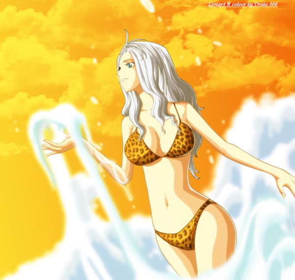 Anime picture 2402x2288 with fairy tail mirajane strauss drake666 single long hair highres blue eyes sky silver hair cloud (clouds) coloring magic light animal print leopard print girl navel swimsuit bikini